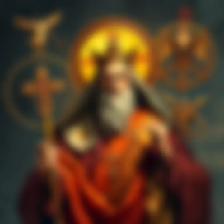 Roman Catholic Saint and Pagan Symbols A depiction of a Roman Catholic saint surrounded by pagan symbols, illustrating the blend of traditions.