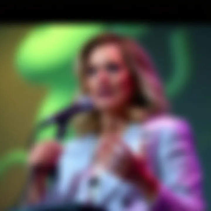 Cathy O'Brien stands in front of a microphone discussing government impersonation of aliens