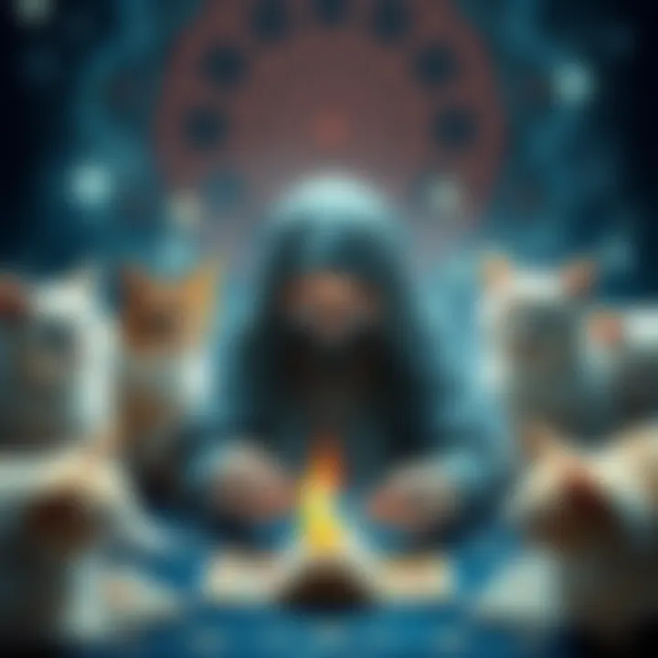 Cats in a Psychic Reading A psychic with Tarot cards surrounded by several cats, symbolizing intuition and mystery