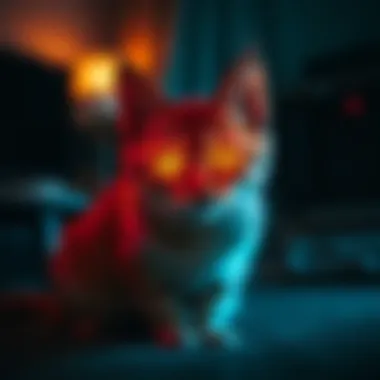 A playful cat with glowing eyes, surrounded by a soft, mystical light in a dimly lit room, evoking the idea of spirits and nighttime noises