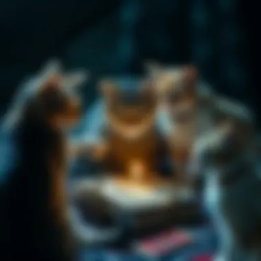 A person reading tarot cards surrounded by curious stray cats