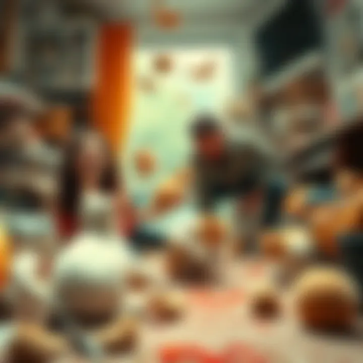 A person struggling to catch playful cats while navigating a messy room, surrounded by comical chaos and awkward romance moments.