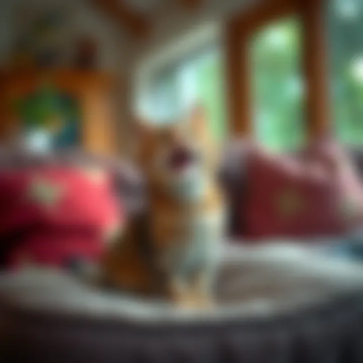 Cat's Surprise Visit A playful cat sitting on a cozy couch, bringing joy to its owner during a surprise visit.