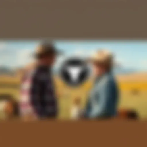 Two people discussing a logo that resembles a cattle brand in a heated conversation, with a ranch backdrop.