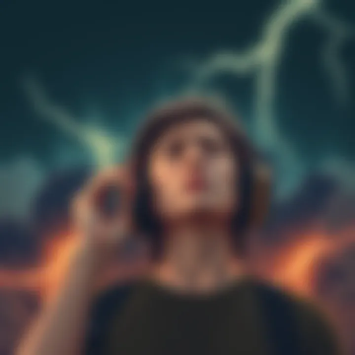 A person listening to headphones with a worried expression, surrounded by dark clouds and lightning, symbolizing the negative impact of wrath subliminals.