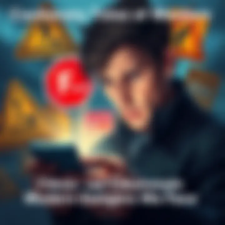 A person looking at a smartphone with worried expression, surrounded by warning signs about technology and social media risks.