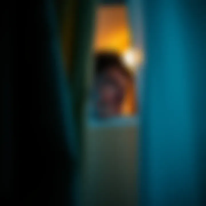 Person looking out a window cautiously A person peers out from behind a curtain, looking concerned and alert, as they check for any signs of intrusion outside their home.
