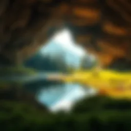 A view of the cave entrance next to a calm pond surrounded by trees and grass.