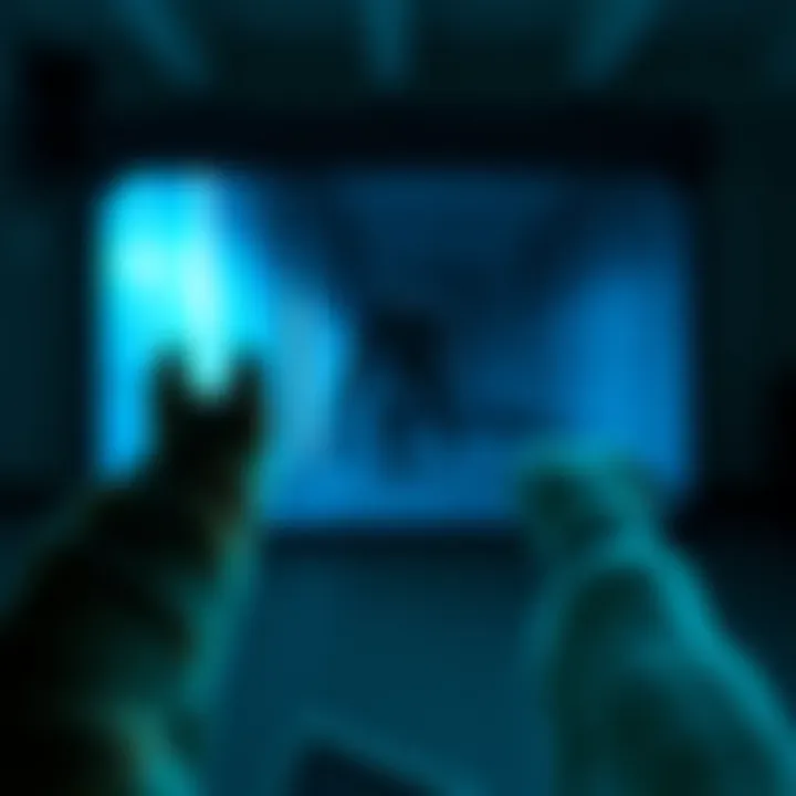 CCTV Footage of a Dark Figure A dark figure appears on a CCTV screen, with two frightened dogs watching it cautiously.