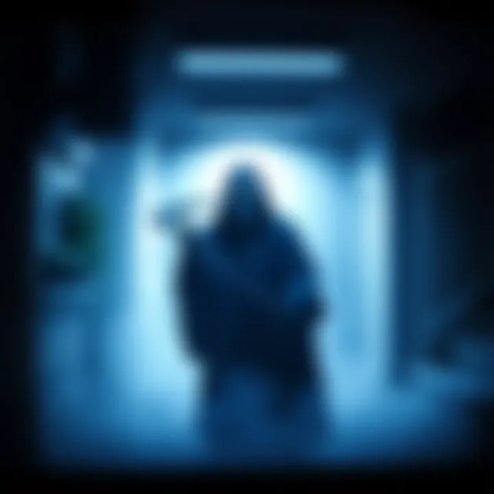 CCTV still showing a shadowy figure resembling the Grim Reaper in a dimly lit area.