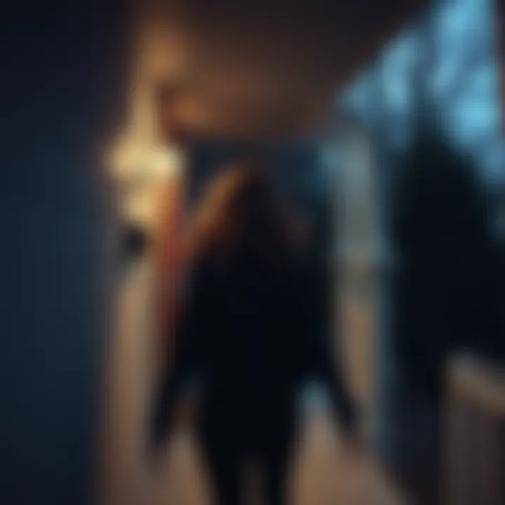 CCTV Footage of a Woman Leaving Home CCTV footage showing a woman in a black jacket leaving a house at night, with trees in the background.