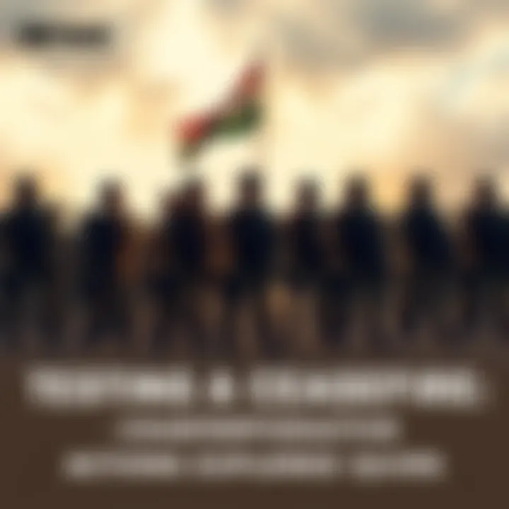 Ceasefire in Conflict A group of soldiers standing tense during a ceasefire, with a flag symbolizing peace in the background