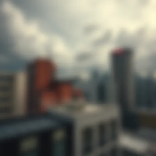 A view of the Cecil Hotel rooftop where Elisa Lam was found, with a cloudy sky in the background, conveying a somber mood.