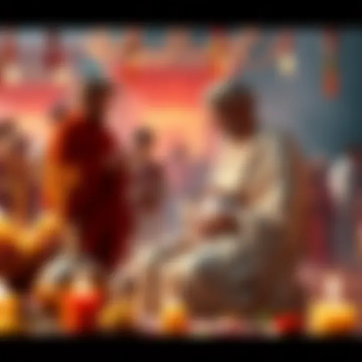 Celebrating Hermes Day A festive gathering with offerings for Hermes alongside a woman in labor, symbolizing new life and family milestones.