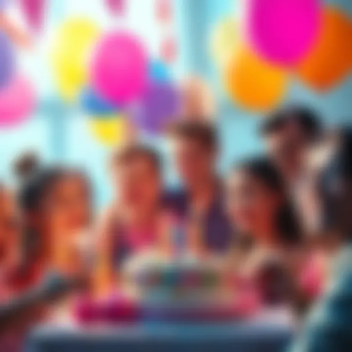 A colorful birthday party scene with balloons and a cake, people smiling and enjoying the celebration.
