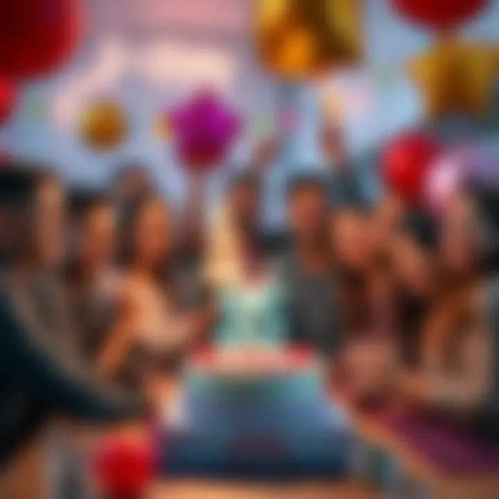 A group of cheerful people celebrating their 35th birthday with balloons and cake