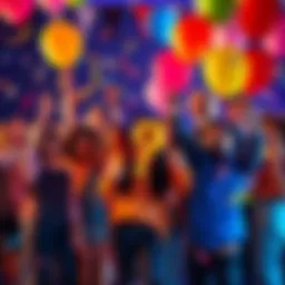 A colorful graphic showing a group of diverse people celebrating with balloons and confetti, representing a vibrant online community's 9th anniversary