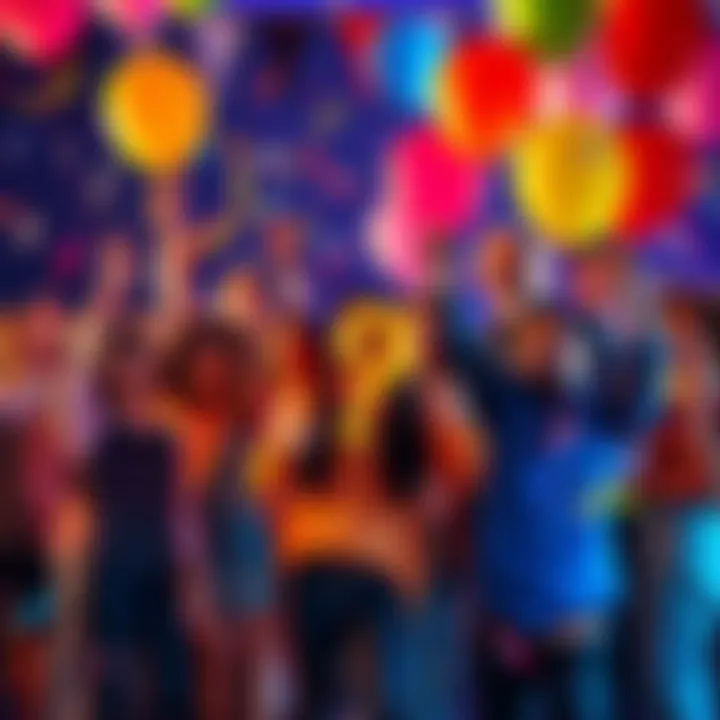 A colorful graphic showing a group of diverse people celebrating with balloons and confetti, representing a vibrant online community's 9th anniversary
