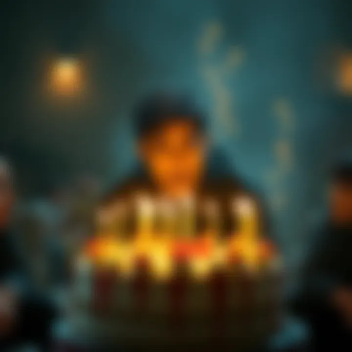 A person blowing out candles on a birthday cake surrounded by friends