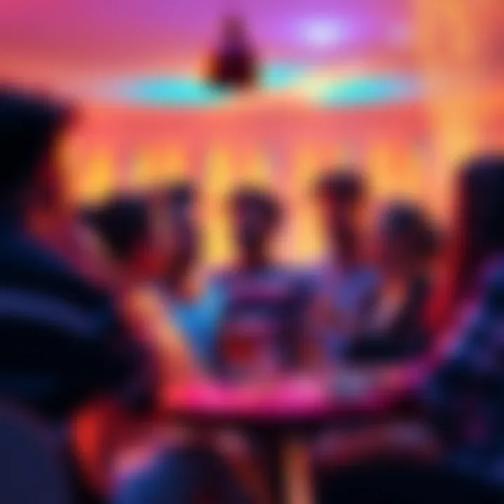 A group of diverse people discussing and sharing thoughts in a lively celebration setting, reflecting on their personal growth over four years.