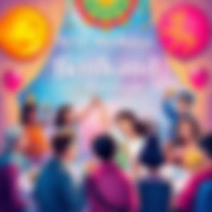 A colorful illustration showing different birthday celebrations influenced by astrological sun houses, featuring people with diverse signs enjoying their special day.
