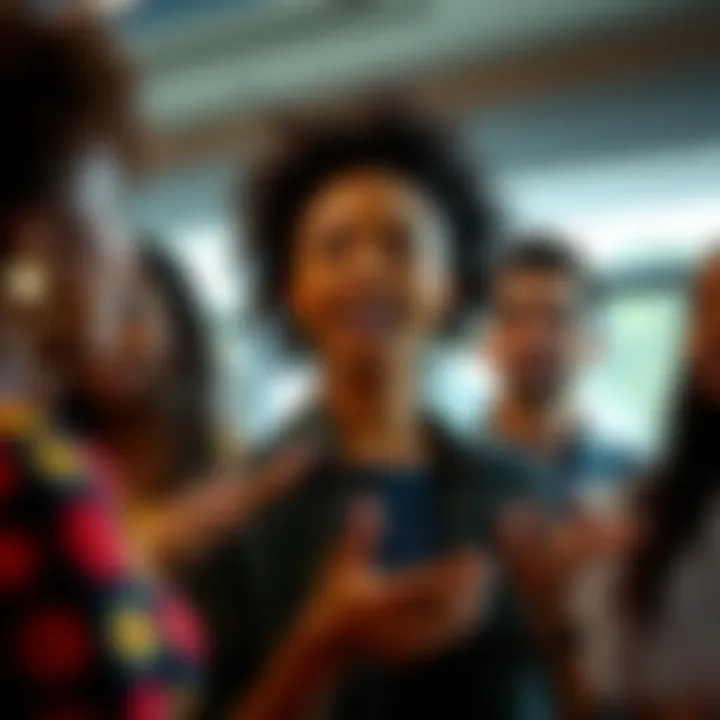 A woman passionately discusses the idea that black and brown people are made of stardust, while a group listens attentively, showcasing diverse backgrounds and expressions of curiosity.