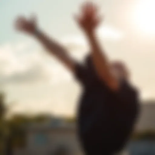 A joyful individual standing outdoors with arms raised in celebration, expressing relief and happiness after overcoming a difficult year. Bright sunny sky in the background symbolizes new beginnings.