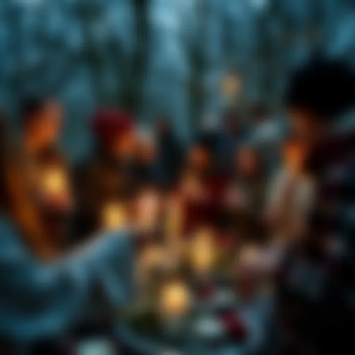 A group of people gathered outdoors, performing rituals with candles and flowers, symbolizing the arrival of spring during Imbolc.