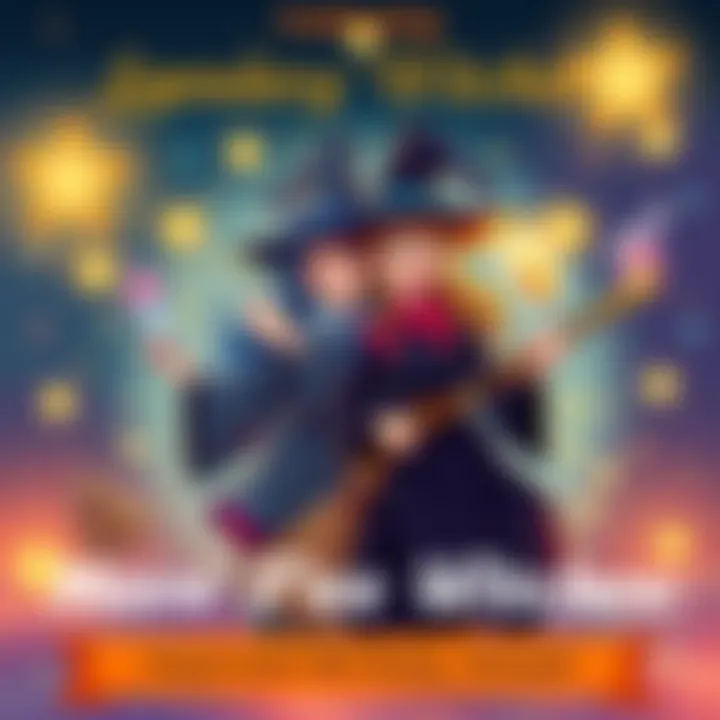 A festive illustration featuring two witches with hats and brooms, surrounded by stars and magical symbols, celebrating their birthdays with joy and magic