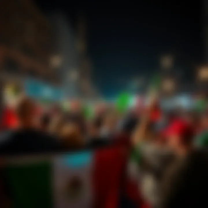 People gathered with flags celebrating Mexican Independence Day on Bank Street in Centretown at night.
