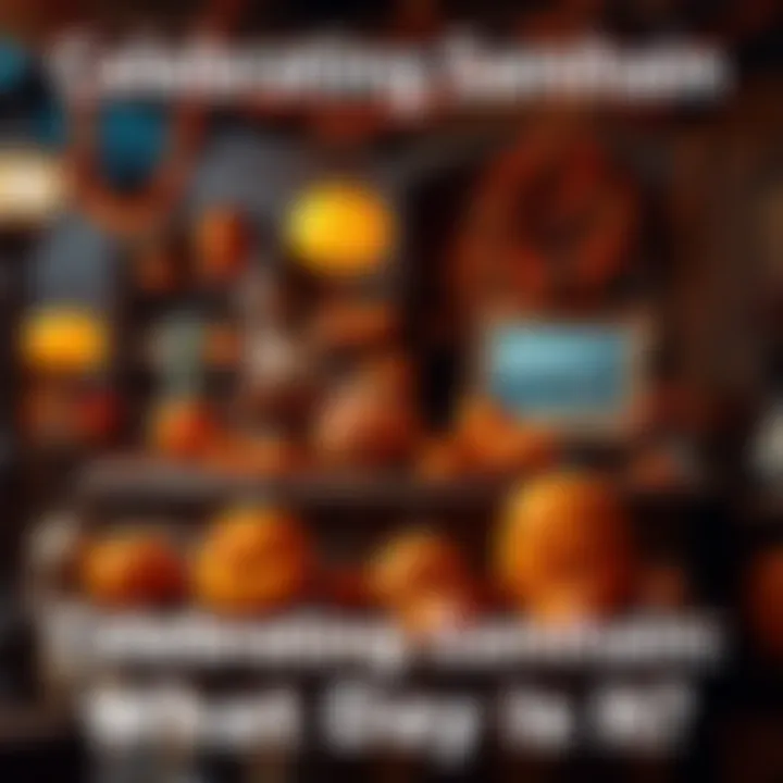 A festive display of Halloween decorations, pumpkins, and autumn leaves representing Samhain traditions.
