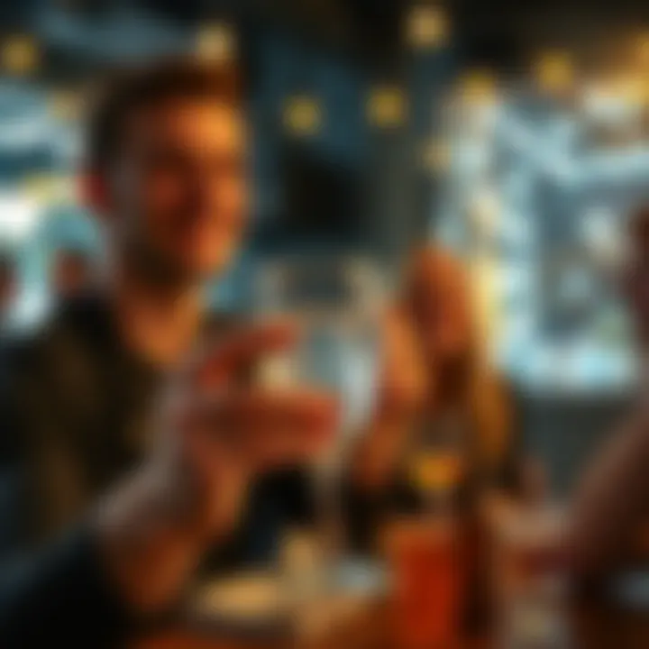 Celebrating Sobriety A person holding a glass of sparkling water, looking happy and content at a gathering with friends, symbolizing celebration and personal growth.