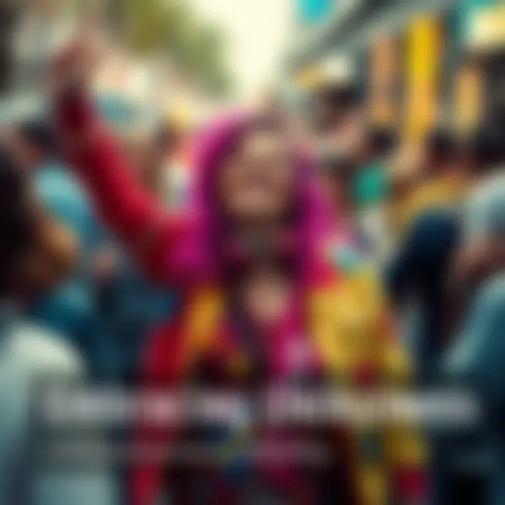 A person joyfully embracing their uniqueness by wearing vibrant, mismatched clothes and smiling confidently, standing out in a crowd.