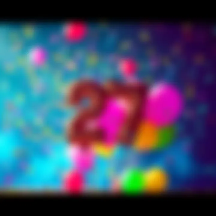 A colorful arrangement of balloons and confetti representing the joyous milestone of 27 years.