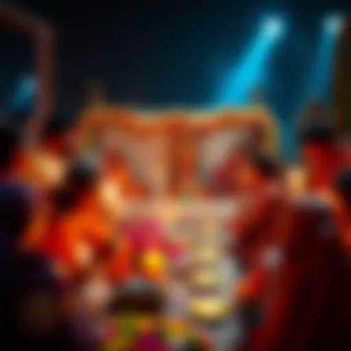 A gathering of people celebrating Disciple Day, honoring Ma Yog Laxmi with flowers and candles.