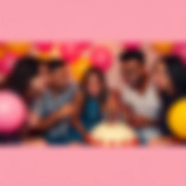 A group of friends celebrating together at a birthday party with balloons and a cake