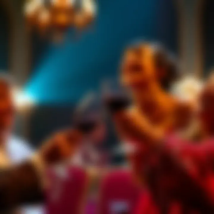 Two singers celebrating with glasses of wine during a performance of Brindisi from La Traviata.