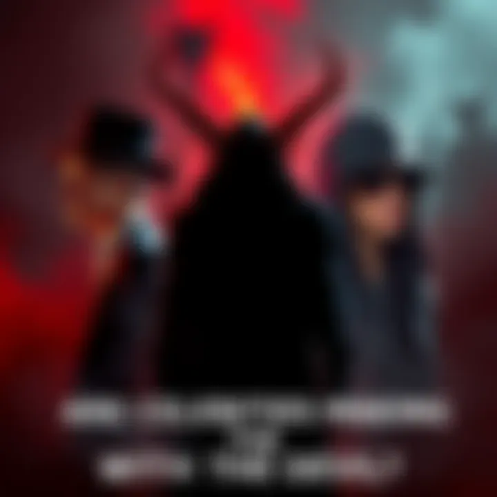 A shadowy figure symbolizing the devil, standing behind famous celebrities like Bob Dylan, Katy Perry, and Eminem, representing rumored deals for fame.