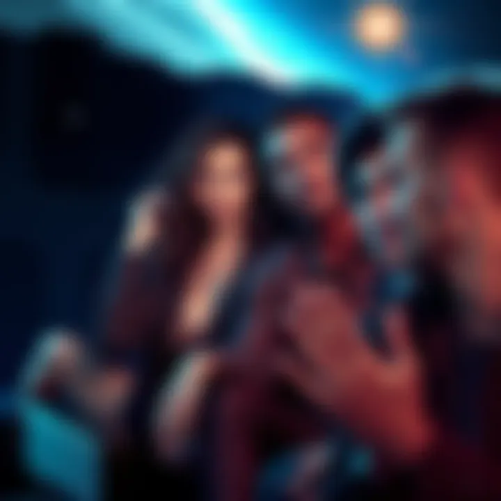 Celebrities Battling Addiction A group of celebrities with somber expressions, reflecting on their addiction struggles, surrounded by cosmic elements symbolizing Sun-Neptune aspects.