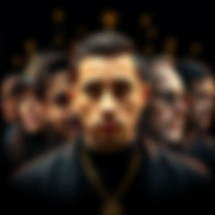 A collage of famous personalities including Lin-Manuel Miranda, with a dark background and signs of hidden connections represented.