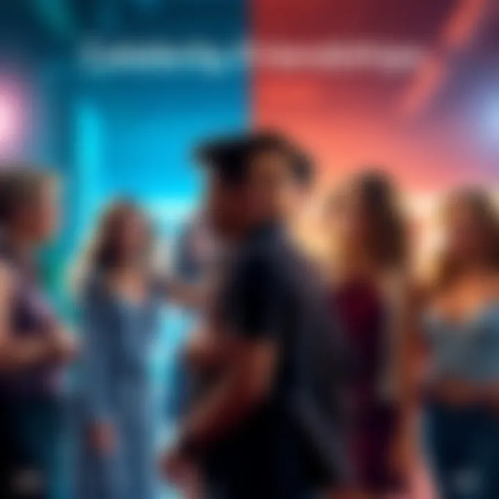 Celebrity Friendships in Different Realities A split image showing two groups of celebrities interacting in a lively setting, one group representing the idealized version (DR) and the other showing a more realistic portrayal (CR), highlighting the contrast in friendships.