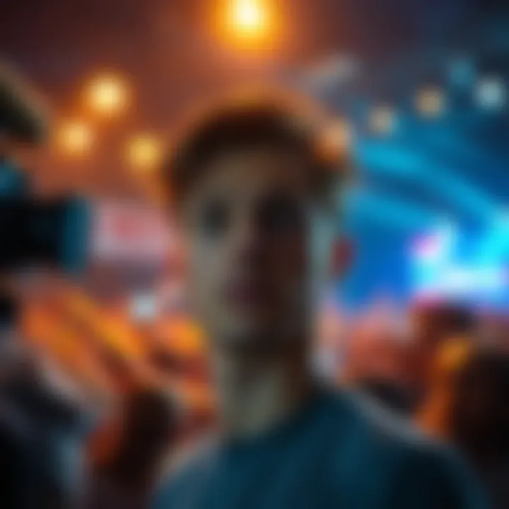 A famous person looking stressed under the bright lights of a camera with a crowd in the background, showing the pressure of fame.