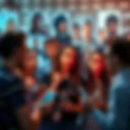 A group of people chatting about celebrity changes, some holding phones and looking surprised, with pictures of celebrities in the background.