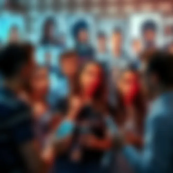 A group of people chatting about celebrity changes, some holding phones and looking surprised, with pictures of celebrities in the background.