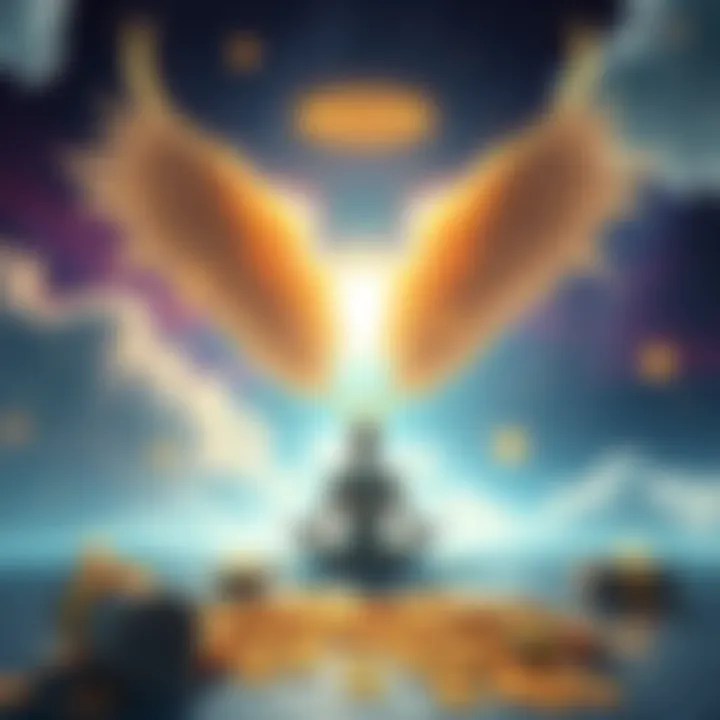 A serene meditation scene with angelic symbols and financial elements reflecting abundance