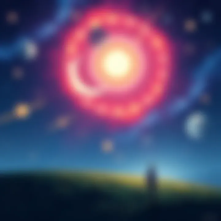 A vibrant illustration of celestial bodies aligning in the night sky, symbolizing transformation and personal growth around Easter.