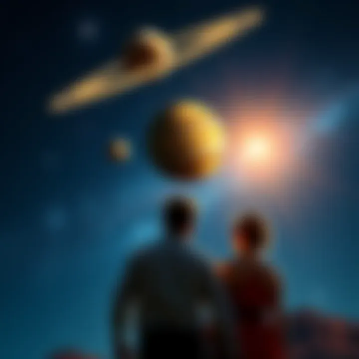 Three planets in alignment over a couple discussing marriage and career choices, with stars in the background