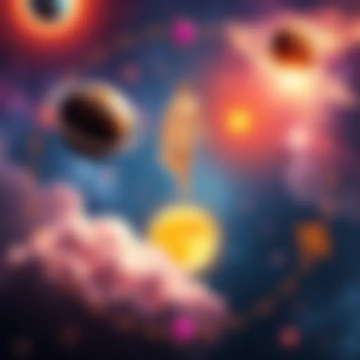 Celestial Bodies Representing Feminine Energy A visual representation of the planets Rahu, Ketu, and Mercury with soft, nurturing colors and symbols of intuition and support, surrounded by a cosmic backdrop.