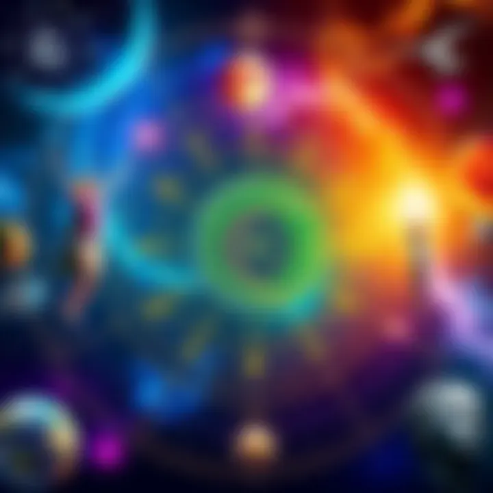 A colorful birth chart surrounded by symbols of astrology, representing confidence and relationships