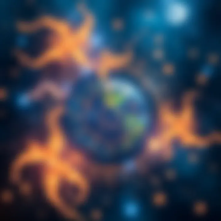 An artistic depiction of cosmic elements intertwining with symbols of Human Design, illustrating the connection between the universe and astrological influences.